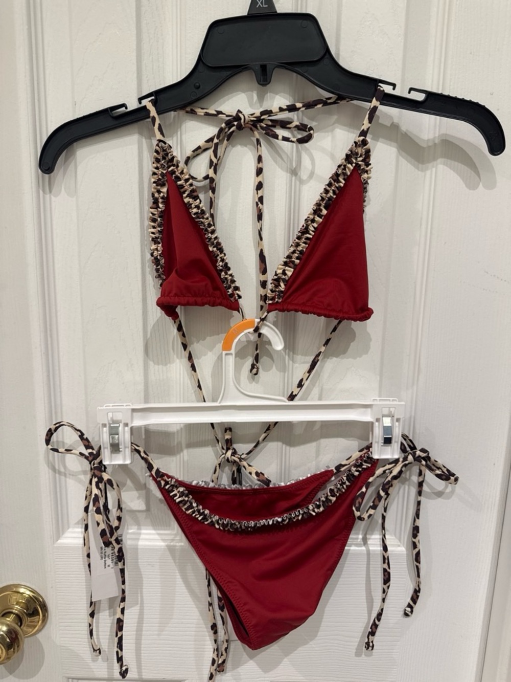 Frankie's Bikinis Red Triangle Bikini with Leopard-Trim